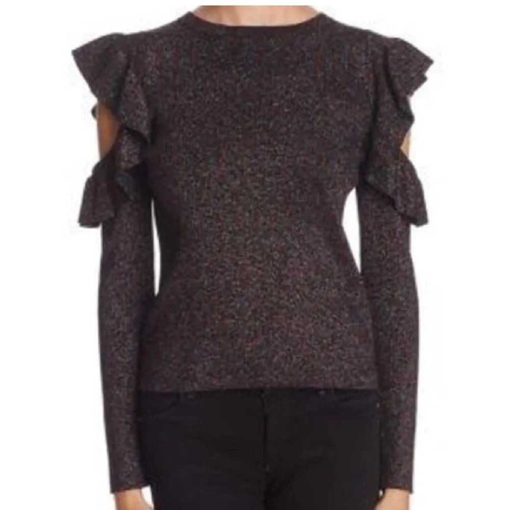 Sunset & Spring black metallic ruffle shoulder sweater glitter sz M preppy chic - Picture 2 of 14